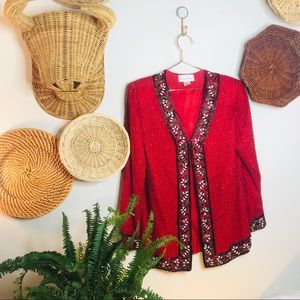 Vintage Red Cardigan with Black and White Accents